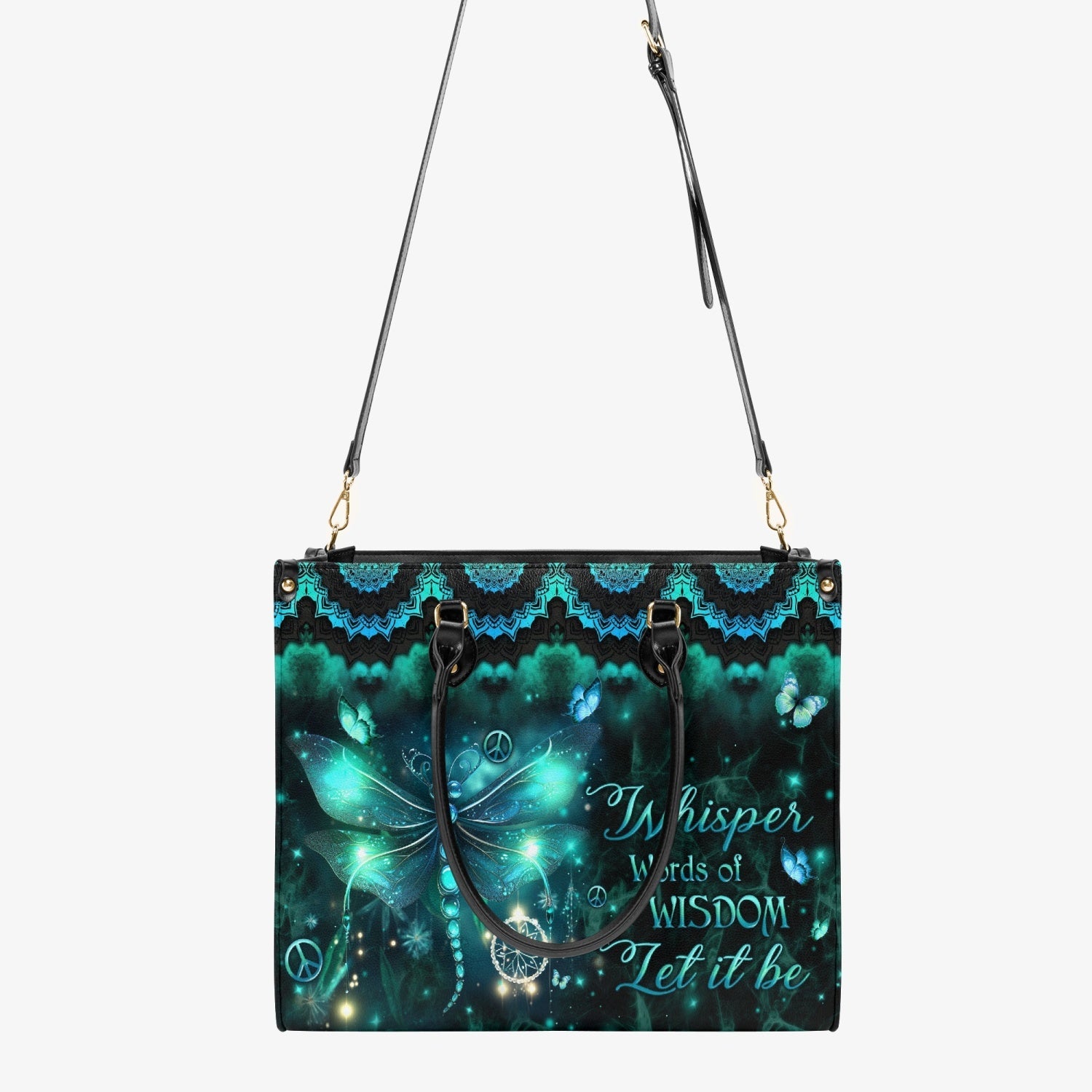 Whisper Words of Wisdom Let it be Dragonfly and Peace Symbol Hippie Leather Bag _9_ 5Chyu