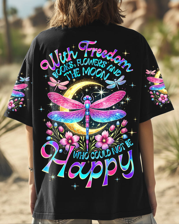 With Freedom Books Flowers and the Moon - Colorful Dragonfly Happy Quote - AOP Shirts