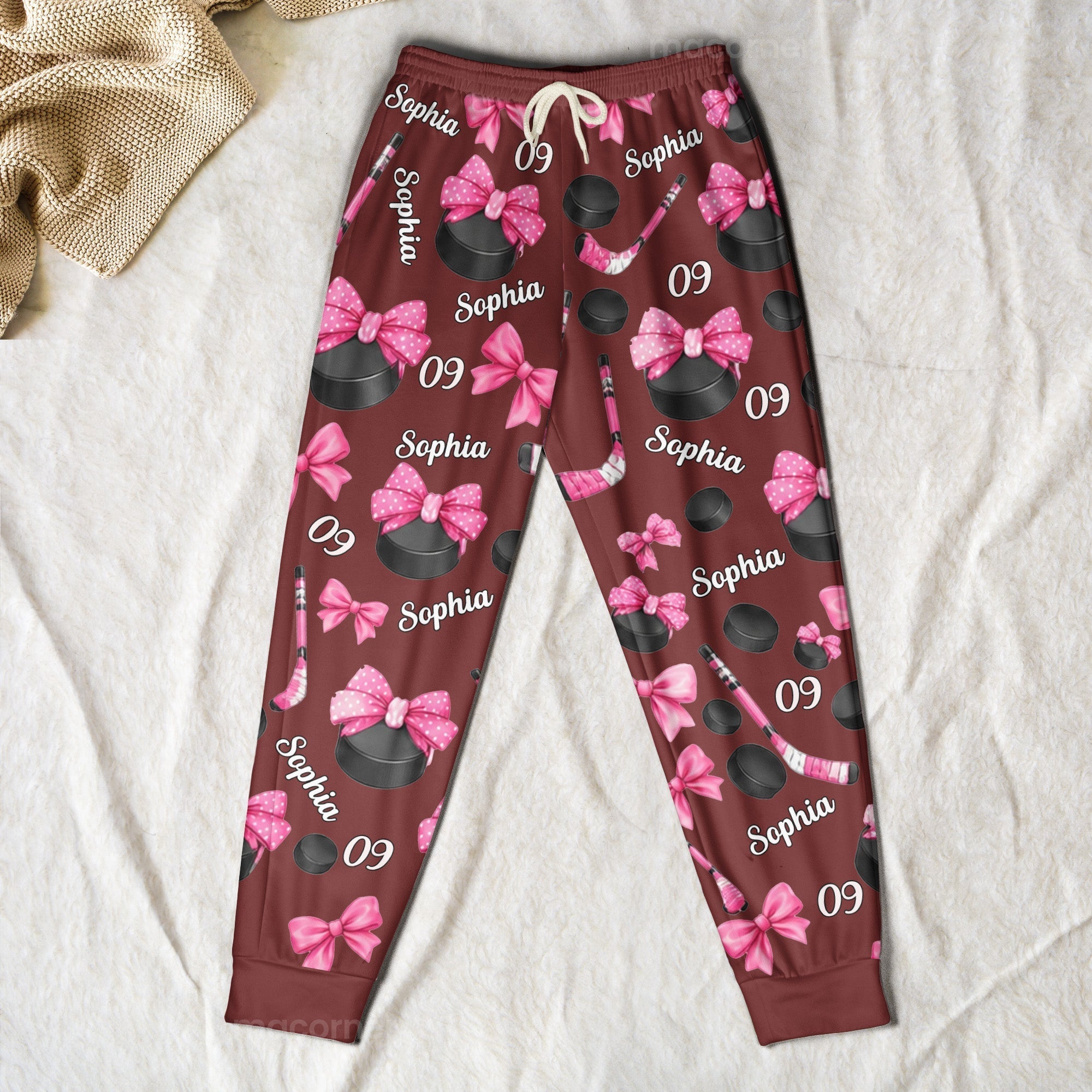 coquette bow hockey custom name number gift for hockey player hockey team personalized lounge pants 6