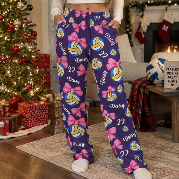 Coquette Bow Volleyball Custom Name, Number Gift For Her, For Daughter - Personalized Pajama Pants