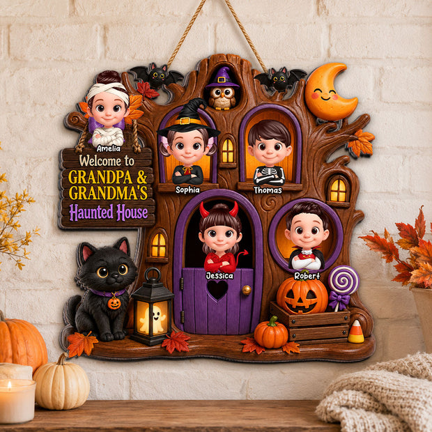 Welcome To Grandma Grandpa Haunted House - Personalized Custom Shaped Wood Sign - Halloween Gift For Family