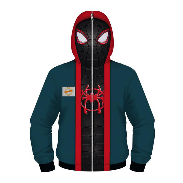 Kids Into The Spider-Verse Hoodies Miles Morales Cosplay Hooded Sweatshirt Casual Full Face Zip Up Hoodie QT208339Ho
