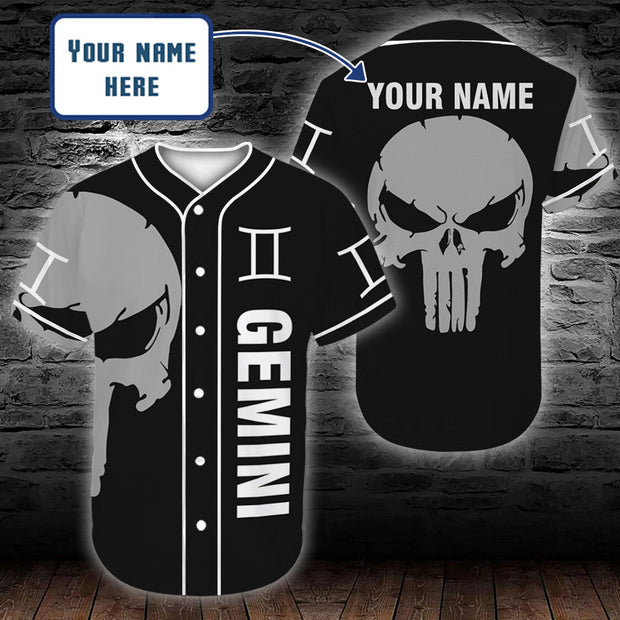 Custom Name Zodiac Gemini Man Skull - Personalized Baseball Jersey