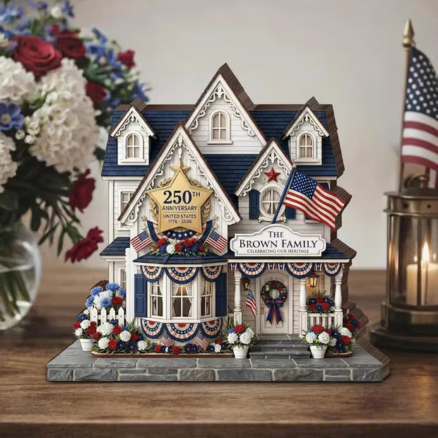 Custom House USA 4th of July 250th Anniversary - Personalized Wooden Block - 250th Anniversary Gift