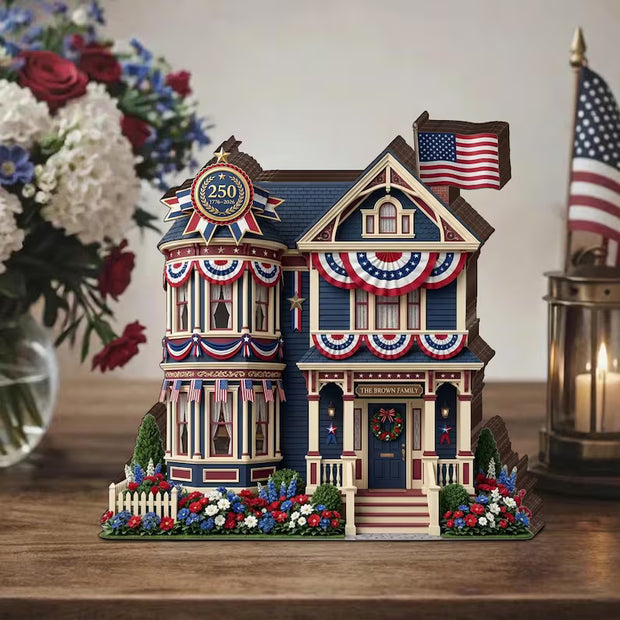 Patriotic House USA 250th Anniversary 4th of July - Personalized Wooden Block - 250th Anniversary Gift