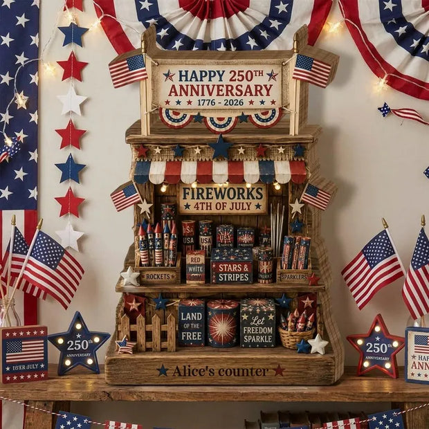 Fireworks Stand USA 250th Anniversary 4th of July - Personalized Wooden Block - 250th Anniversary Gift