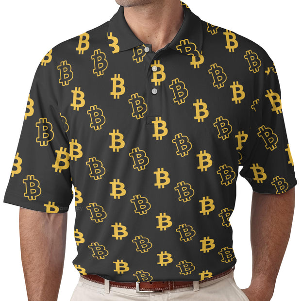 Seamless Pattern Bitcoin Cryptocurrency Black And Gold Polo Shirt QT212098La