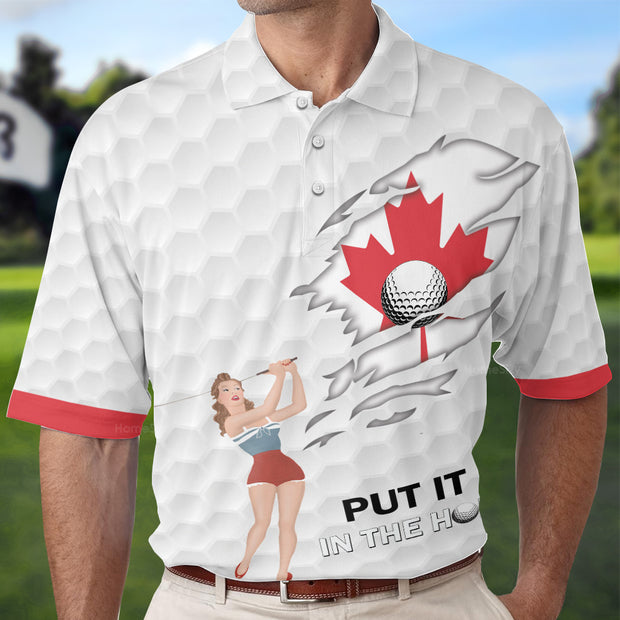 Golf Canada Flag Pin Up Girl Polo Shirt, Canadian Golf Shirt For Men QT206158La
