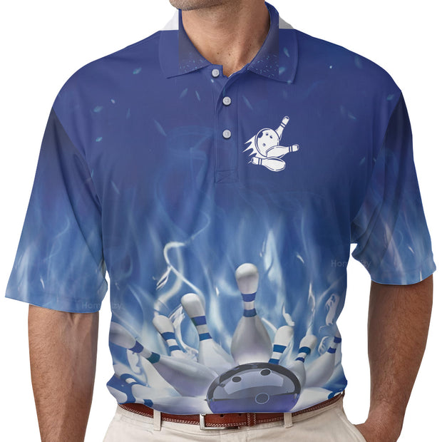 Personalized Custom Name Bowling On Blue Fire Custom Cosplay Polo Shirt, Blue Custom Cosplay Bowling Shirt For Adults, Bowling Gift QT208721La