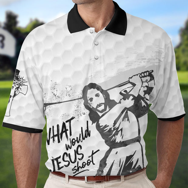 Personalized Custom Name What Would Jesus Shoot Black And White Custom Cosplay Polo Shirt, Golf Shirt For Men QT208095La