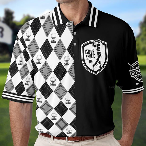 Personalized Custom Name Golfaholic Custom Cosplay Polo Shirt, Black And White Argyle Pattern Polo Shirt, Best Golf Shirt For Men QT308375