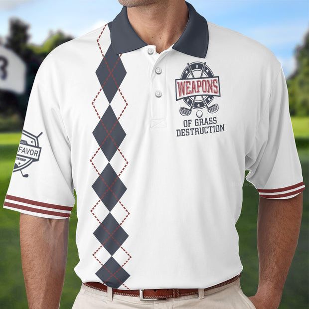 Weapons Of Grass Destruction Short Sleeve Polo Shirt, White And Navy Argyle Pattern Polo Shirt, Best Golf Shirt For Men QT305302La