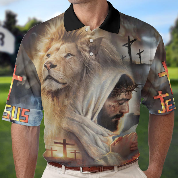Jesus Praying And Lion Polo Shirt For Men
