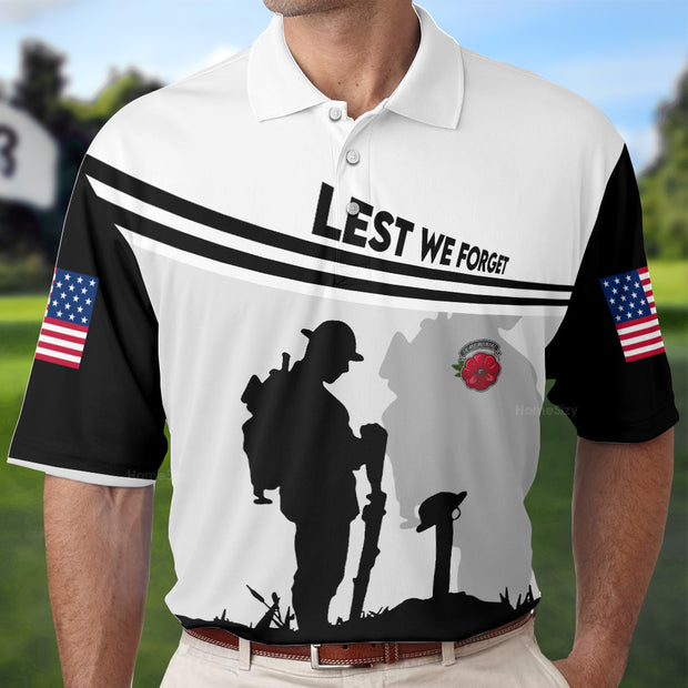 Lest We Forget Polo Shirt, Military Veteran American Flag Golf Shirt For Men QT207318La