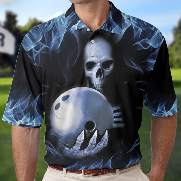 Bowling Murder Polo Shirt, Blue Flame Pattern Bowling Polo Shirt, Scary Skull Shirt Design For Halloween QT302504La