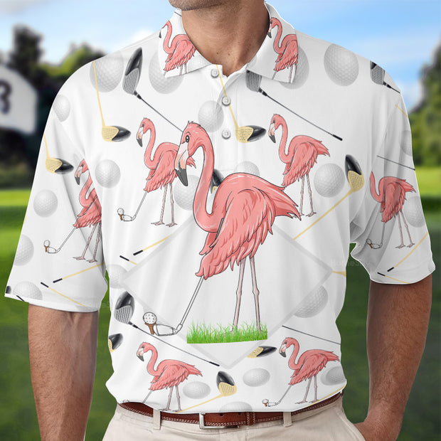 Flamingo Golfer Polo Shirt, Pink Flamingo Golf Polo Shirt, Flamingo Themed Short Sleeve Shirt For Golfers QT208052La