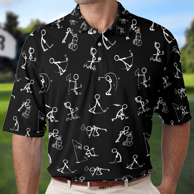Stickfigures Playing Golf Short Sleeve Polo Shirt, Doodling Golfer Polo Shirt, Best Golf Shirt For Men QT211647La