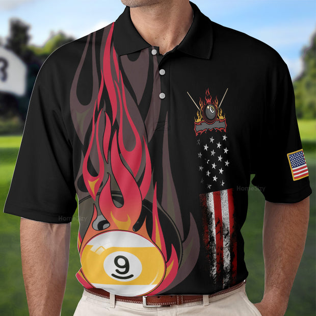 Flame 9 Ball Billiards Pool Polo Shirt, American Flag Billiards Shirt For Men, Gift For Pool Players QT302457La