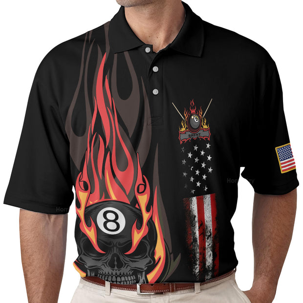 Flame Skull American Flag Billiards Pool Polo Shirt QT301080La