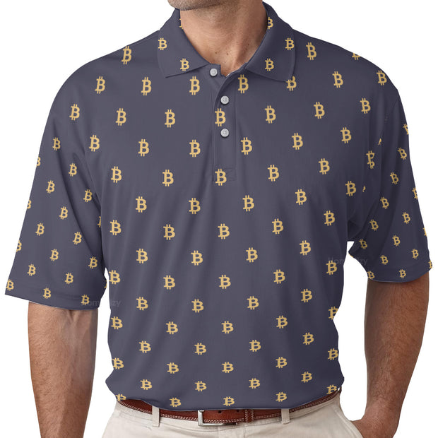 QT206255La Seamless Pattern Sign Bitcoin Polo Shirt, Navy Blue And Gold Polo Shirt, Best Cryptocurrency Shirt For Men