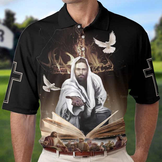 Jesus Give His Hand And Holy Bible - Men Polo Shirt