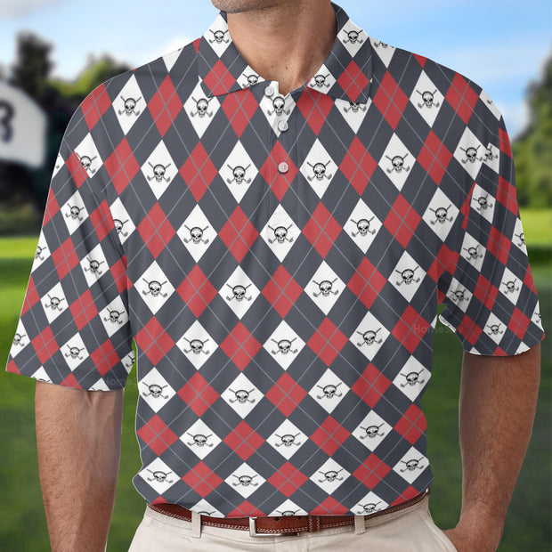 Golf Argyle Skull Short Sleeve Polo Shirt For Golf, Skull Golf Shirt For Men, Best Gift For Golfers QT211501La