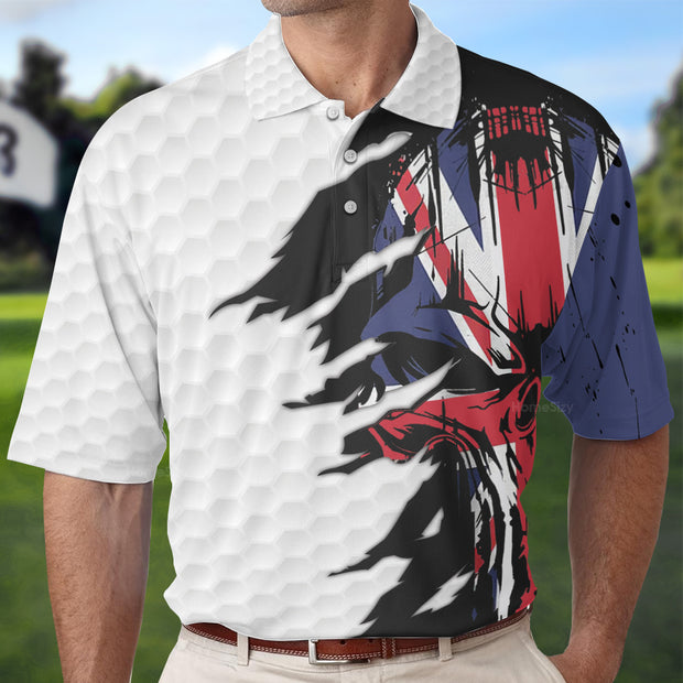 Skull United Kingdom Ripped Golf Short Sleeve Polo Shirt, Golf Pattern Polo Shirt, UK Golf Shirt For Men QT207124La