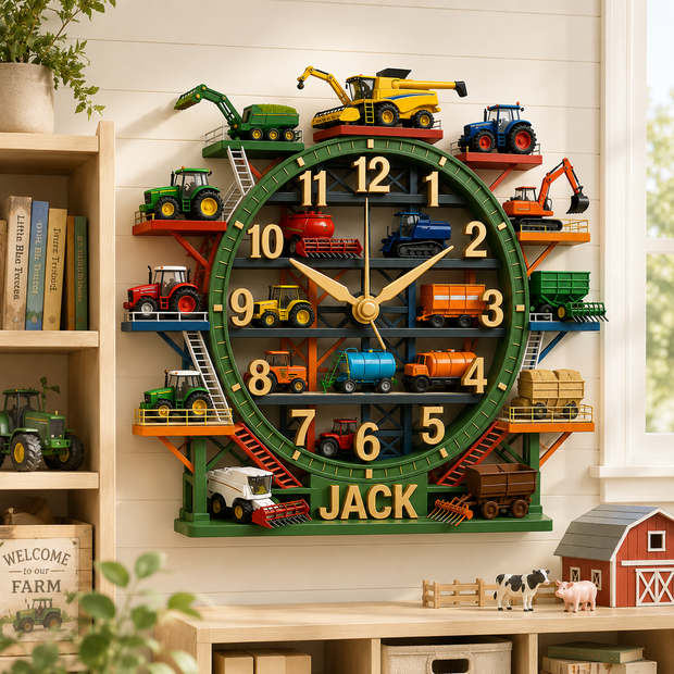 Tractor & Harvester Wall Clock - Personalized Wall Hanging Clock - Gift For Famers