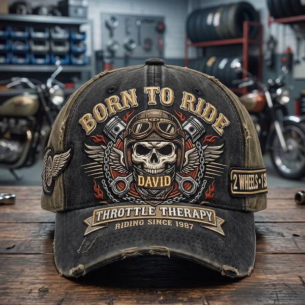 Born To Ride - Personalized Vintage Rider Skull Classic Cap - Gift For Him