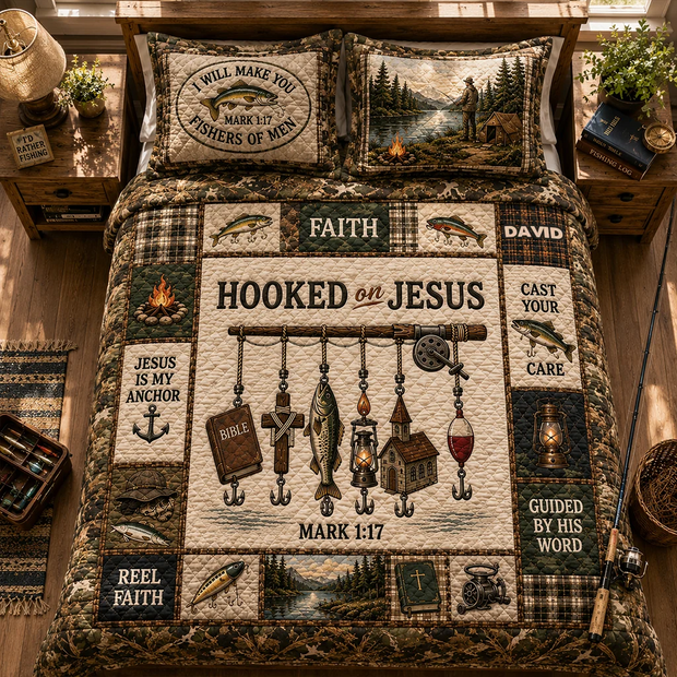 Hooked On Jesus Custom Name Gift For Fishing Lovers - Personalized Quilt Bedding Set