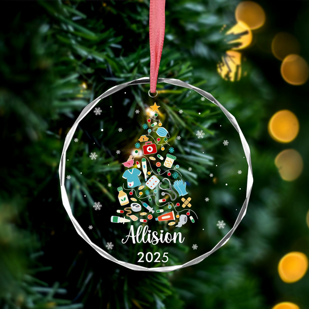 Nurse Christmas Tree - Personalized Glass Ornament - Gift For Nurse, CNA, Healthcare Worker HN02