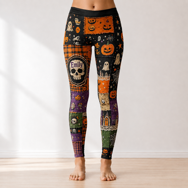 Patchwork Spooky Pumpkin Halloween Gifts For Her - Personalized Legging
