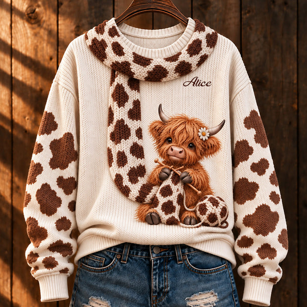 Adorable Highland Cow Custom Name Gift For Farmers, Her - Personalized Ugly Sweater
