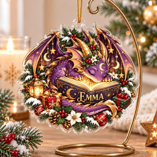 Cute Dragon Book Merry Christmas Gift For Book Lovers - Personalized Acrylic Ornament