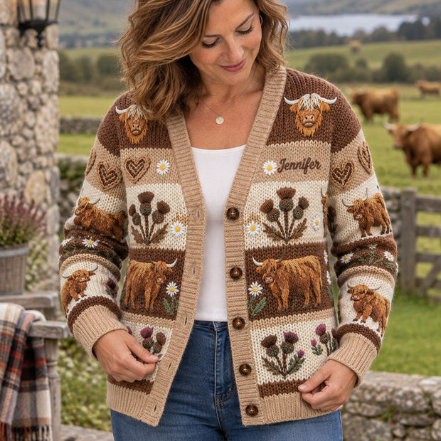 Custom Name Highland Cow Gift For Her - Personalized Knitted Cardigan