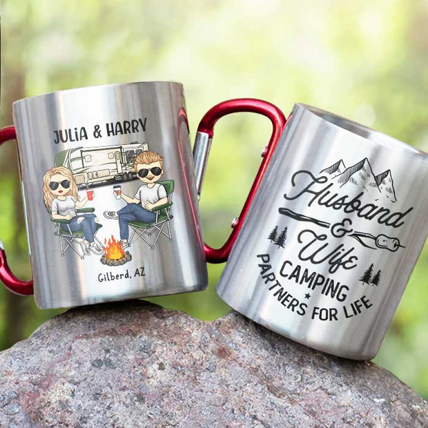 Husband & Wife Camping Partners For Life - Personalized Carabiner Camping Mug - Gift For Camping Lovers | GR36