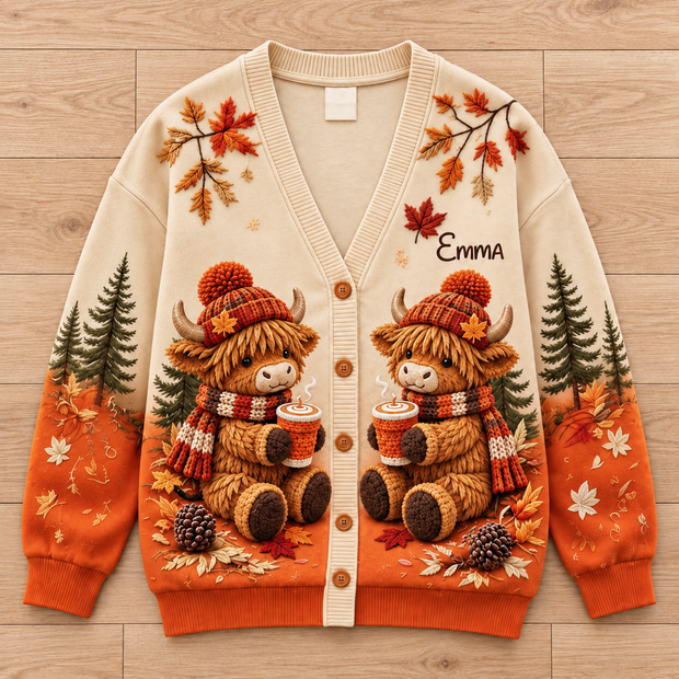 Cute Highland Cow Sweater Cozy Fall - Personalized Cardigan