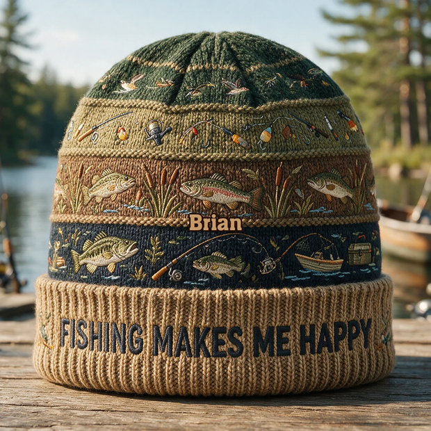 Fishing Makes Me Happy Custom Name Gift For Fishing Lovers - Personalized Beanie Hat