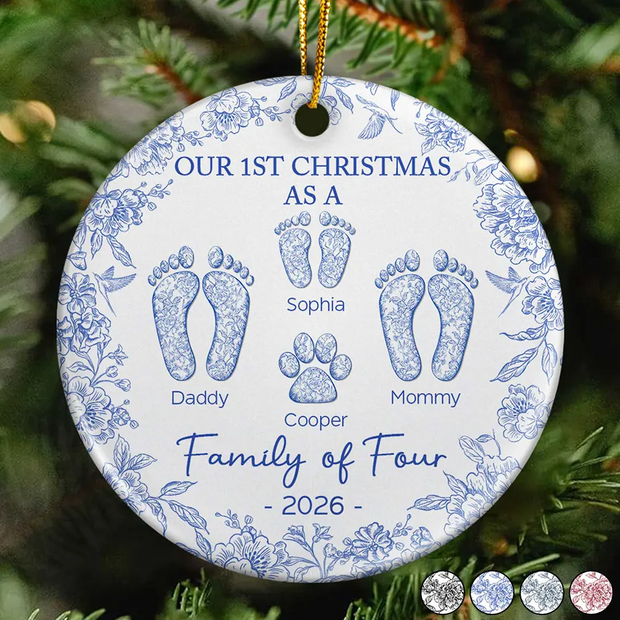First Christmas As A Family Of Four Toile Footprints - Personalized Ceramic Ornament - Chrismas Gift For Family