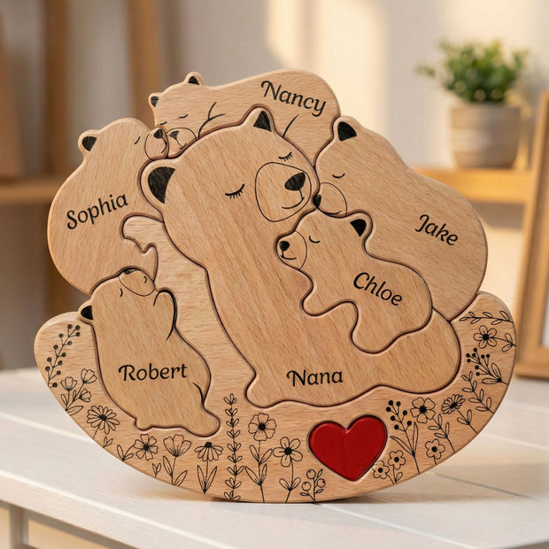 Rolling Mama Bear & Kids - Personalized Wooden Puzzle - Gift For Mom CT01