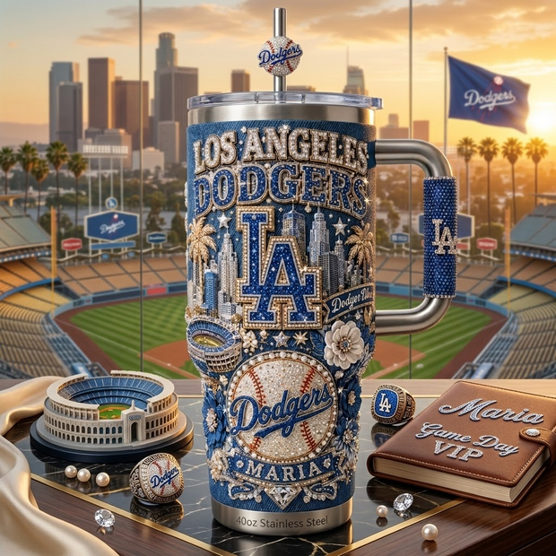 Dodger Blue Crystal Embellished Stainless Steel Tumble - Personalized Tumbler With Handle - Gift For Baseball Lovers, Sports Fans, Sports Lovers