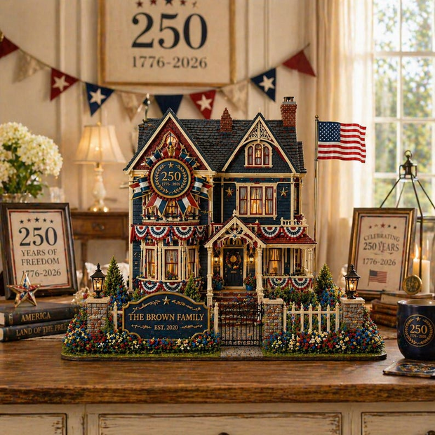 Patriotic House 4th Of July - Personalized Wooden Block - 250th Anniversary Gift