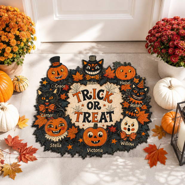Trick of Treat Vintage Pumkin - Personalized Shape Doormat - Halloween Gift For Family