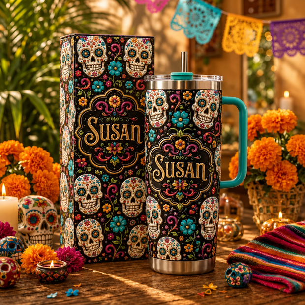 Colorful Floral Sugar Skull Day Of The Dead - Personalized Tumbler