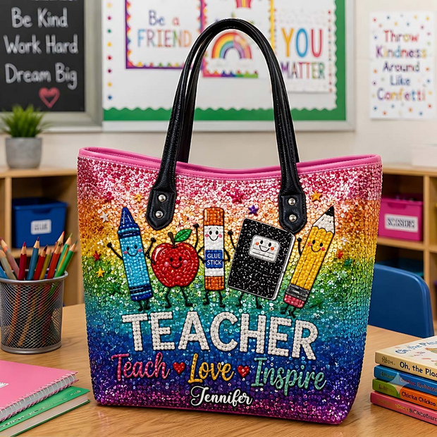 Teacher Love Inspire - Personalized Leather Tote Bag - Gift For Teacher