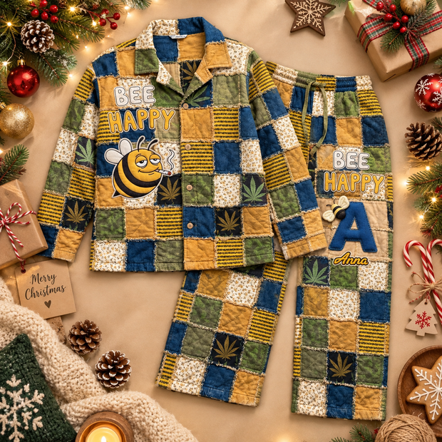 Cute Bee Patchwork Sleepwear Gifts For Weed Lovers - Personalized Pajama Set
