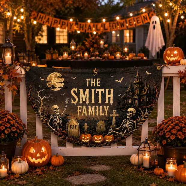 Spooky Skeleton Haunted House - Personalized Fan Flag - Halloween Gifts For Family