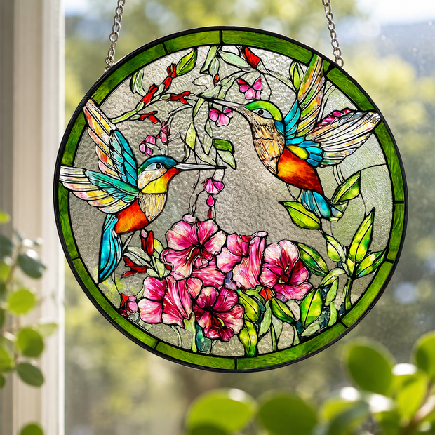 Hummingbird Suncatcher with Vibrant Flower  - Stained Glass Suncatcher- Gift for Family