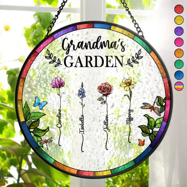 Birth Flower Grandma's Garden - Personalized Stained Glass Window Hanging Suncatcher - Gift For Grandma, Mom HN02