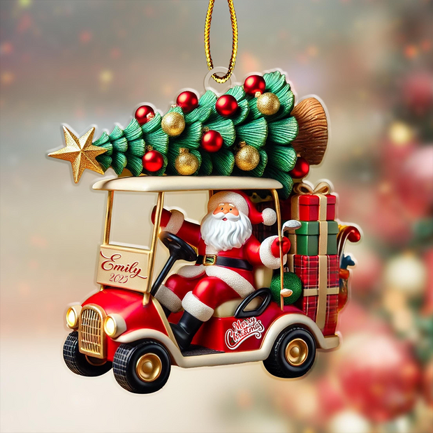 Golf Cart Santa Christmas - Personalized Shaped Acrylic Ornament - Gift For Golfers, Golf Lovers HN02